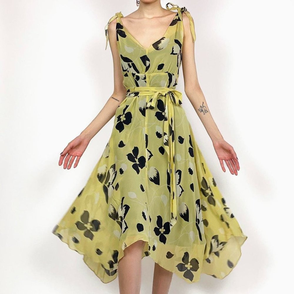 Vintage 90’s Betsey Johnson Pastel Yellow, Black & White Silk Chiffon Midi Dress